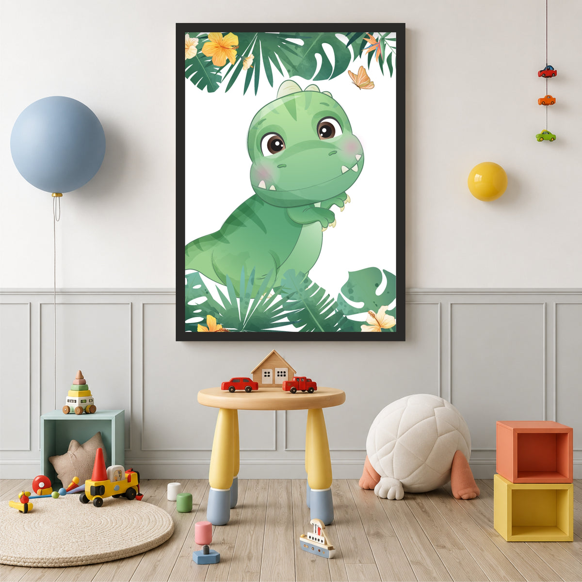 Cute Green Dino Jungle Wall Art | Tropical Dino Kids Room Poster | Dinosaur Nursery Decor