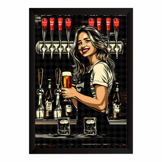 Beer Bar Wall Art | Framed Female Bartender Beer Poster | Pub & Bar Décor | Beer Lover Wall Art