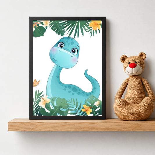 Cute Blue Dino Jungle Wall Art | Tropical Dino Kids Room Poster | Dino Nursery Decor