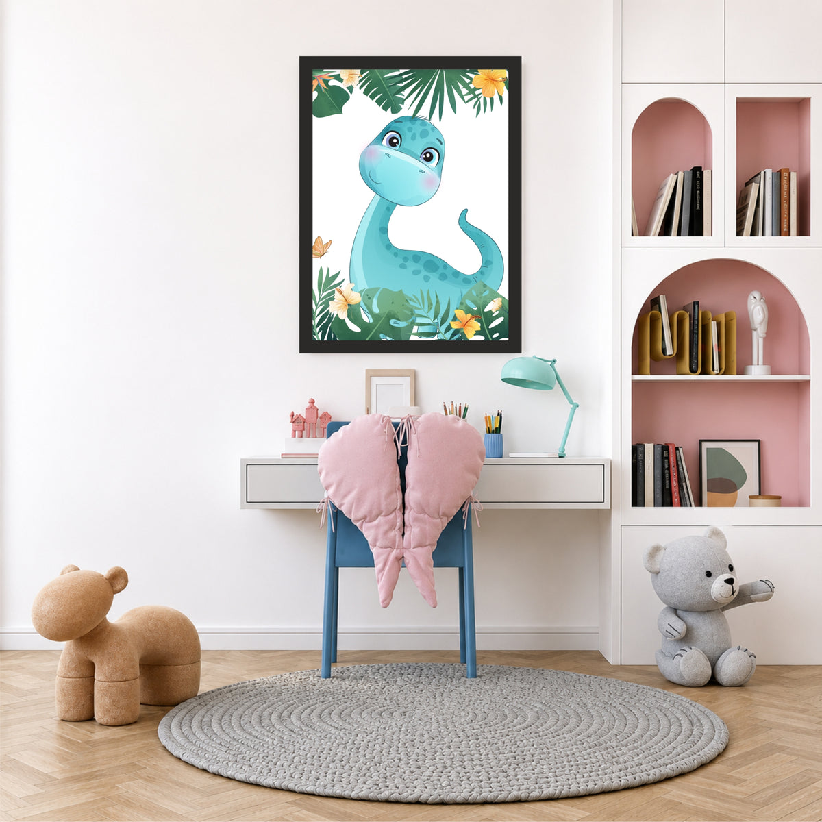 Cute Blue Dino Jungle Wall Art | Tropical Dino Kids Room Poster | Dino Nursery Decor