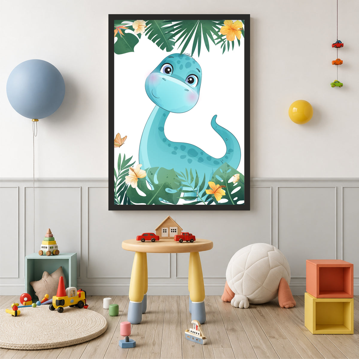 Cute Blue Dino Jungle Wall Art | Tropical Dino Kids Room Poster | Dino Nursery Decor