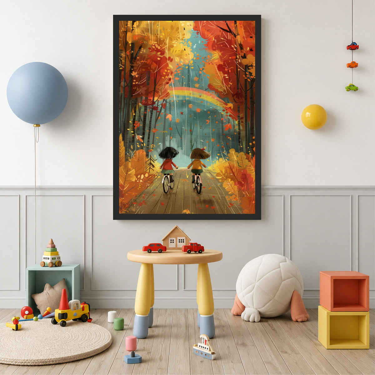 Autumn Forest Kids Wall Art | Whimsical Bicycle Adventure Print