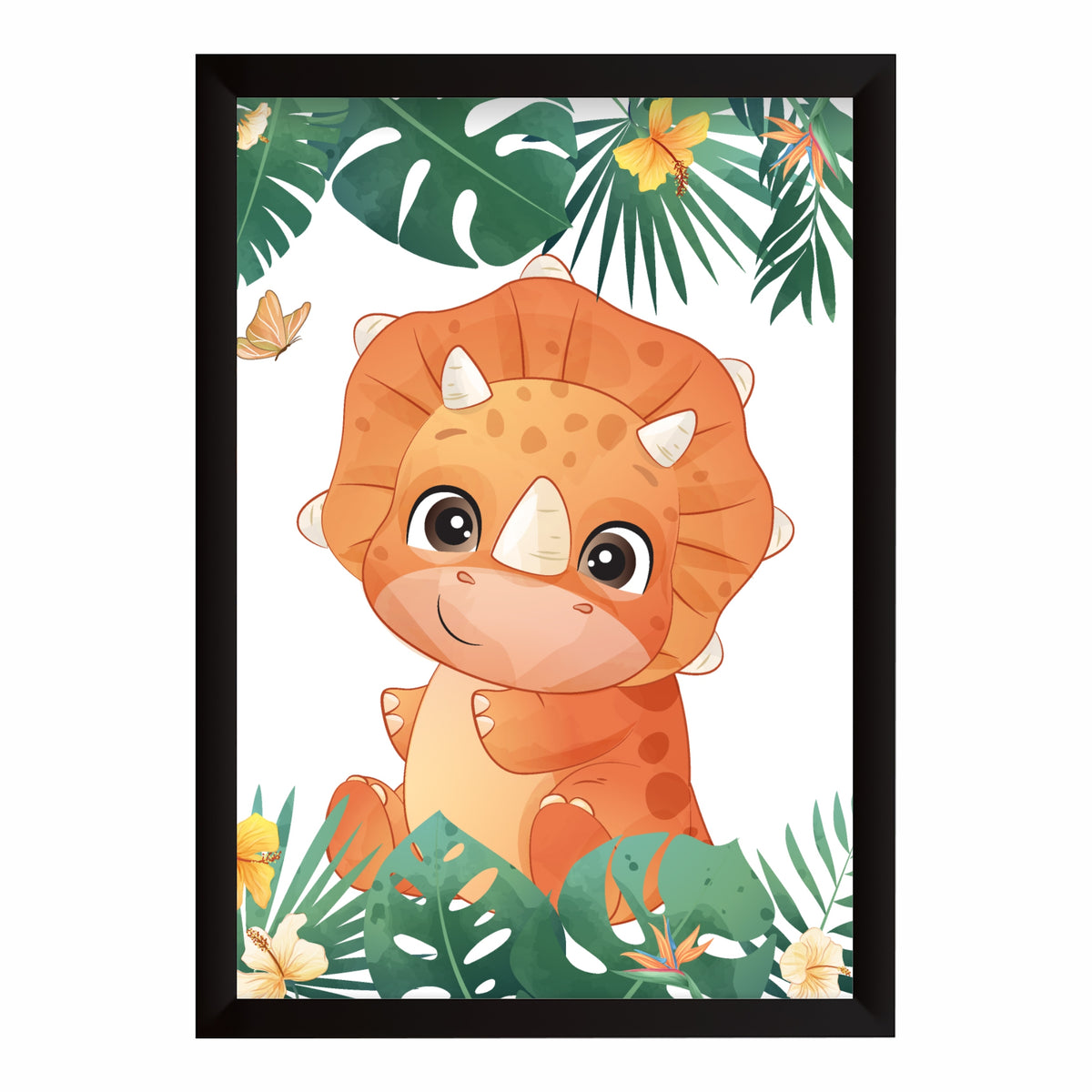 Cute Orange Dino Jungle Wall Art | Tropical Dino Kids Room Poster | Dino Nursery Decor