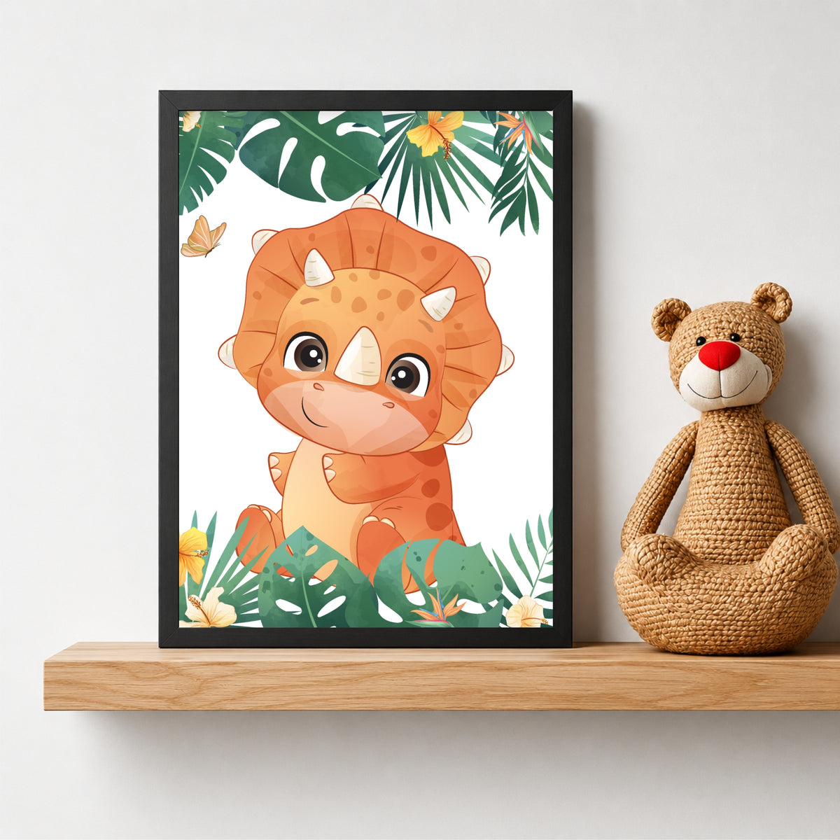 Cute Orange Dino Jungle Wall Art | Tropical Dino Kids Room Poster | Dino Nursery Decor