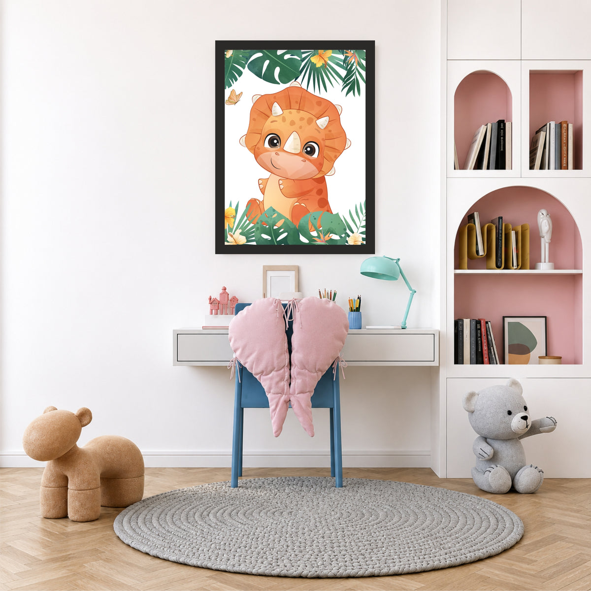 Cute Orange Dino Jungle Wall Art | Tropical Dino Kids Room Poster | Dino Nursery Decor