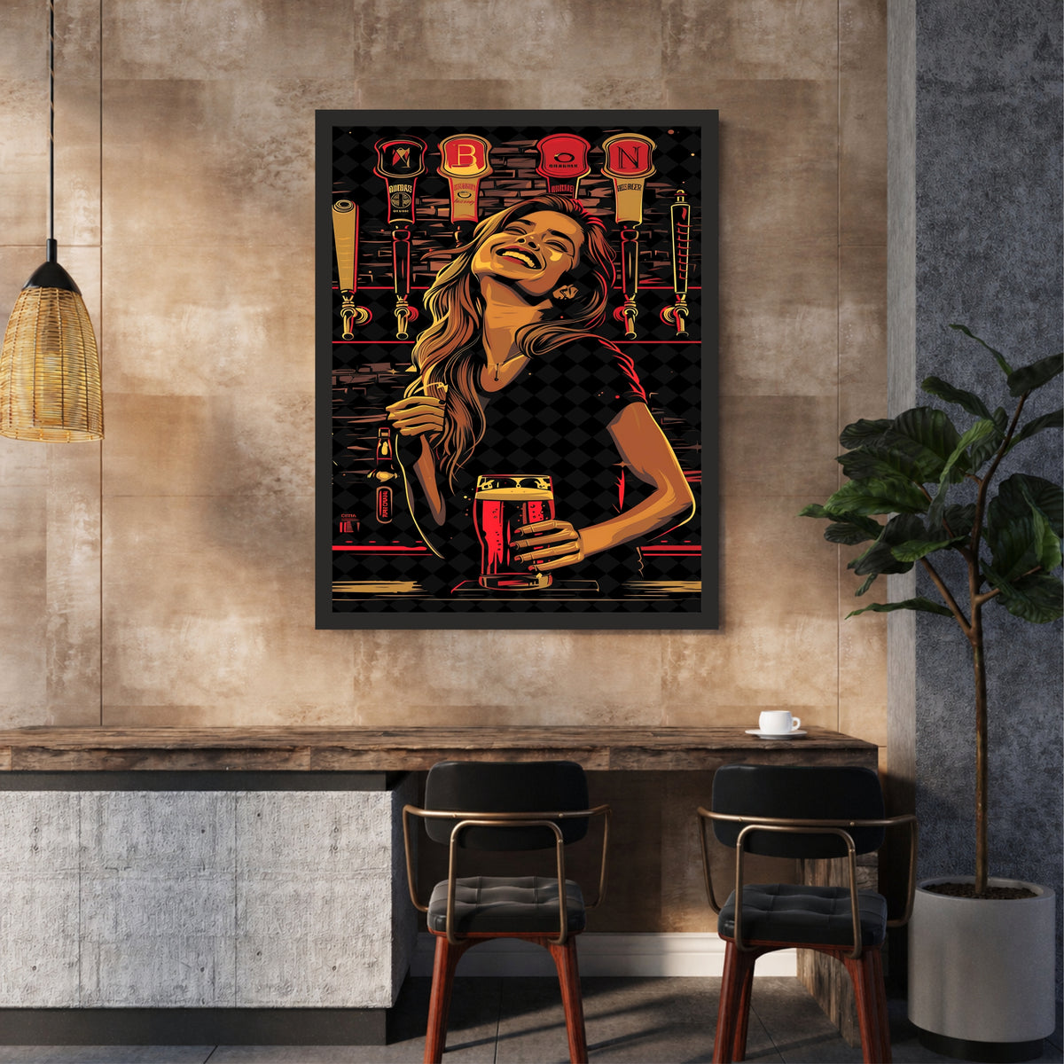 Beer Bar Wall Art | Framed Woman Drinking Beer Artwork | Pub & Bar Décor | Beer Lover Wall Art