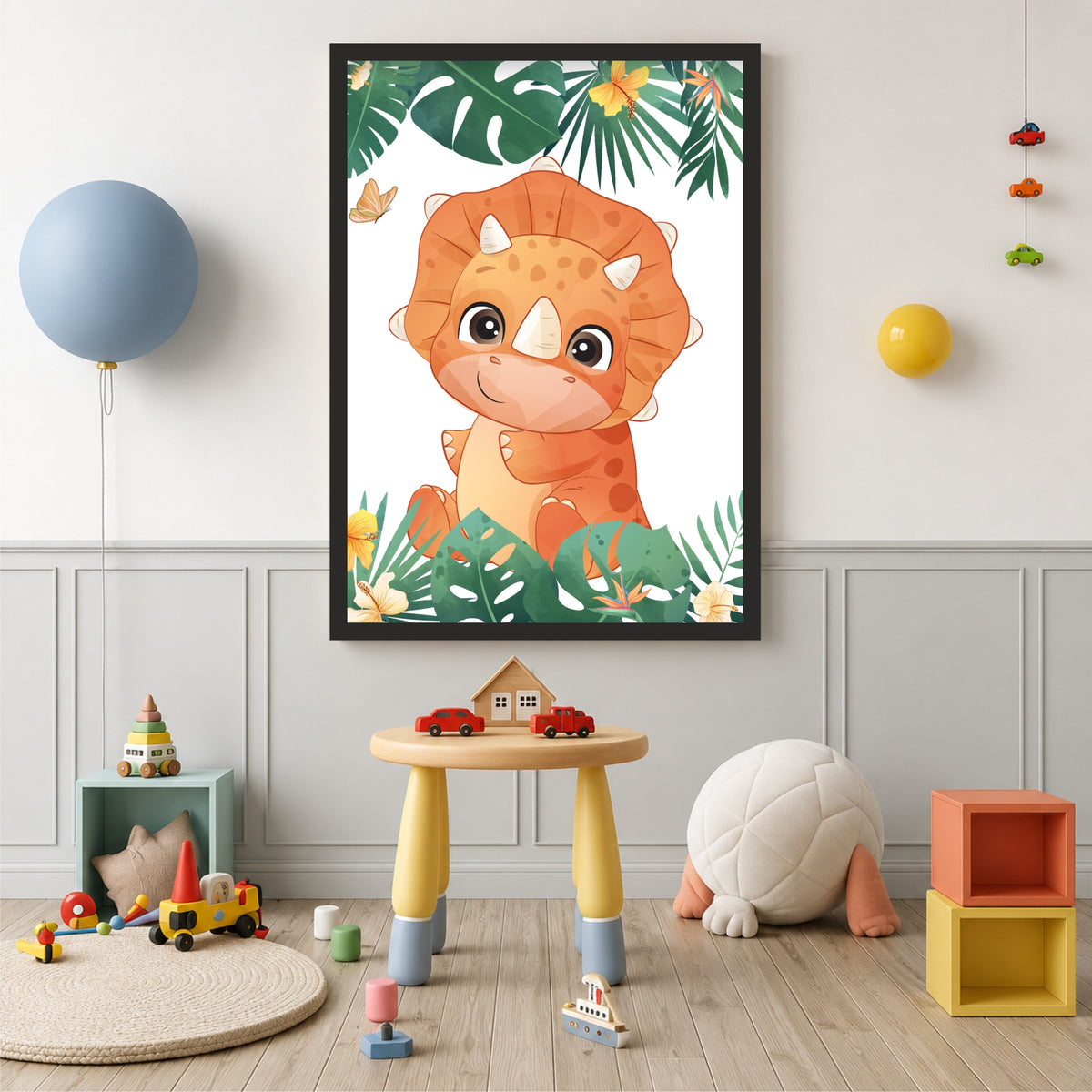 Cute Orange Dino Jungle Wall Art | Tropical Dino Kids Room Poster | Dino Nursery Decor