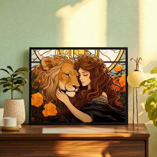 Lion & Woman Wall Art | Vintage Art Nouveau Style Love Artwork | Framed Romantic Wall Decor
