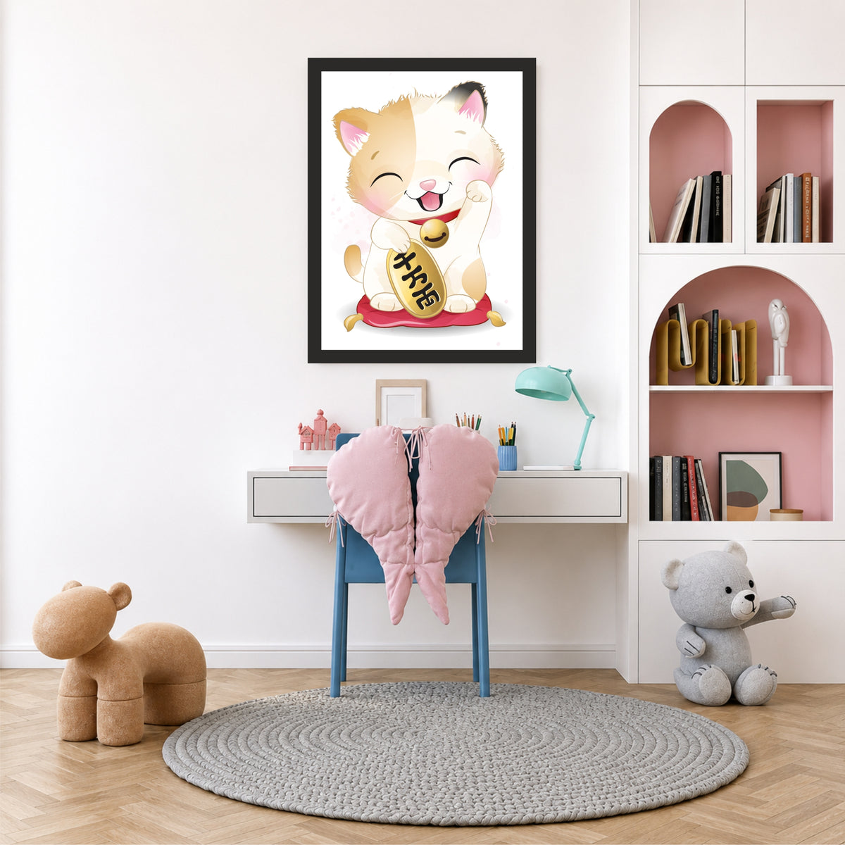 Cute Lucky Cat Wall Art | Japanese Maneki Neko Poster | Kids Room & Nursery Decor