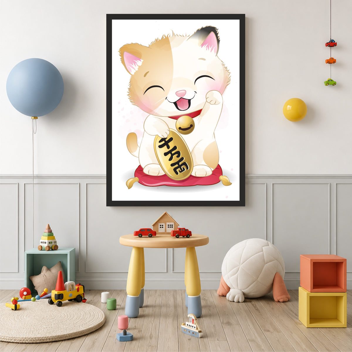Cute Lucky Cat Wall Art | Japanese Maneki Neko Poster | Kids Room & Nursery Decor