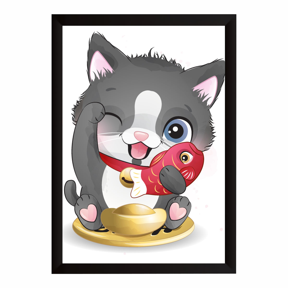 Cute Cat with Lucky Fish Wall Art | Japanese Maneki Neko Poster | Kids Room Decor