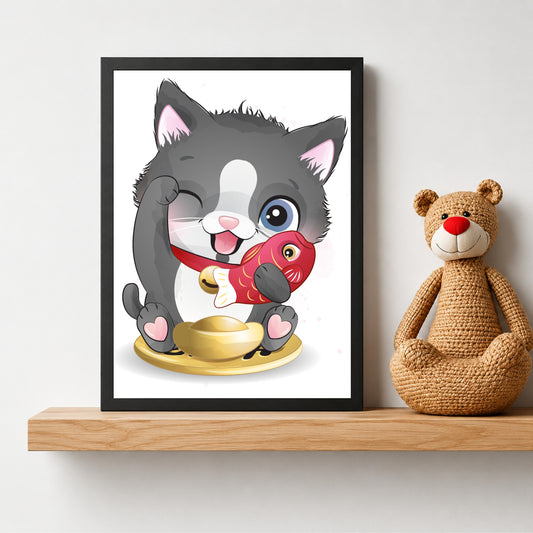 Cute Cat with Lucky Fish Wall Art | Japanese Maneki Neko Poster | Kids Room Decor