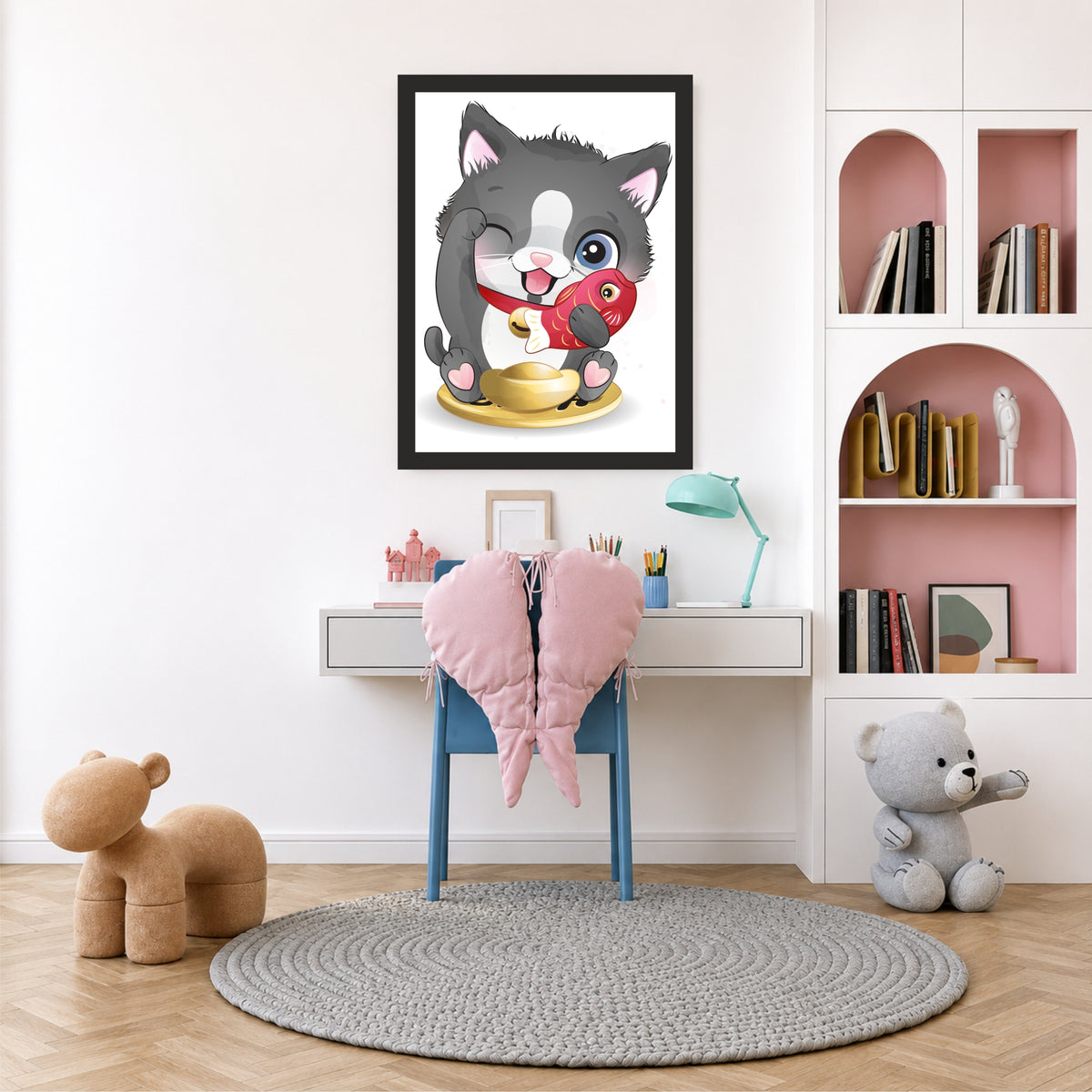 Cute Cat with Lucky Fish Wall Art | Japanese Maneki Neko Poster | Kids Room Decor