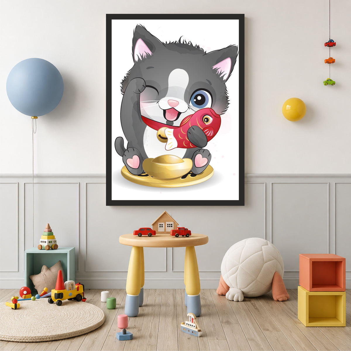 Cute Cat with Lucky Fish Wall Art | Japanese Maneki Neko Poster | Kids Room Decor