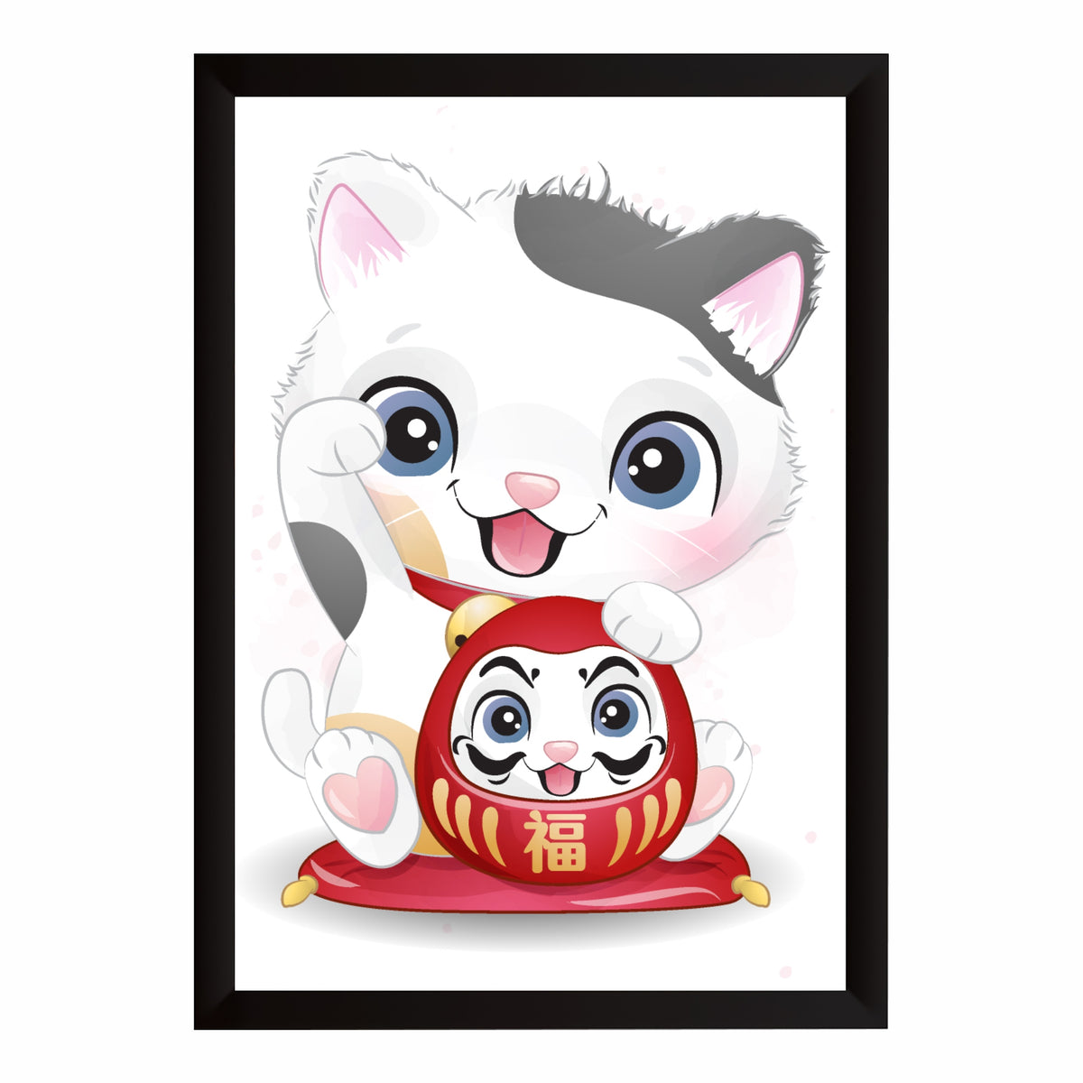 Cute Lucky Cat Wall Art | Maneki Neko & Daruma Cat Poster | Japanese Kids Room Decor