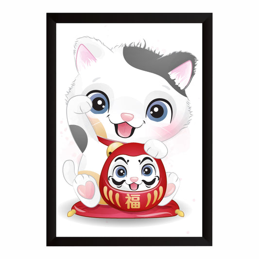 Cute Lucky Cat Wall Art | Maneki Neko & Daruma Cat Poster | Japanese Kids Room Decor