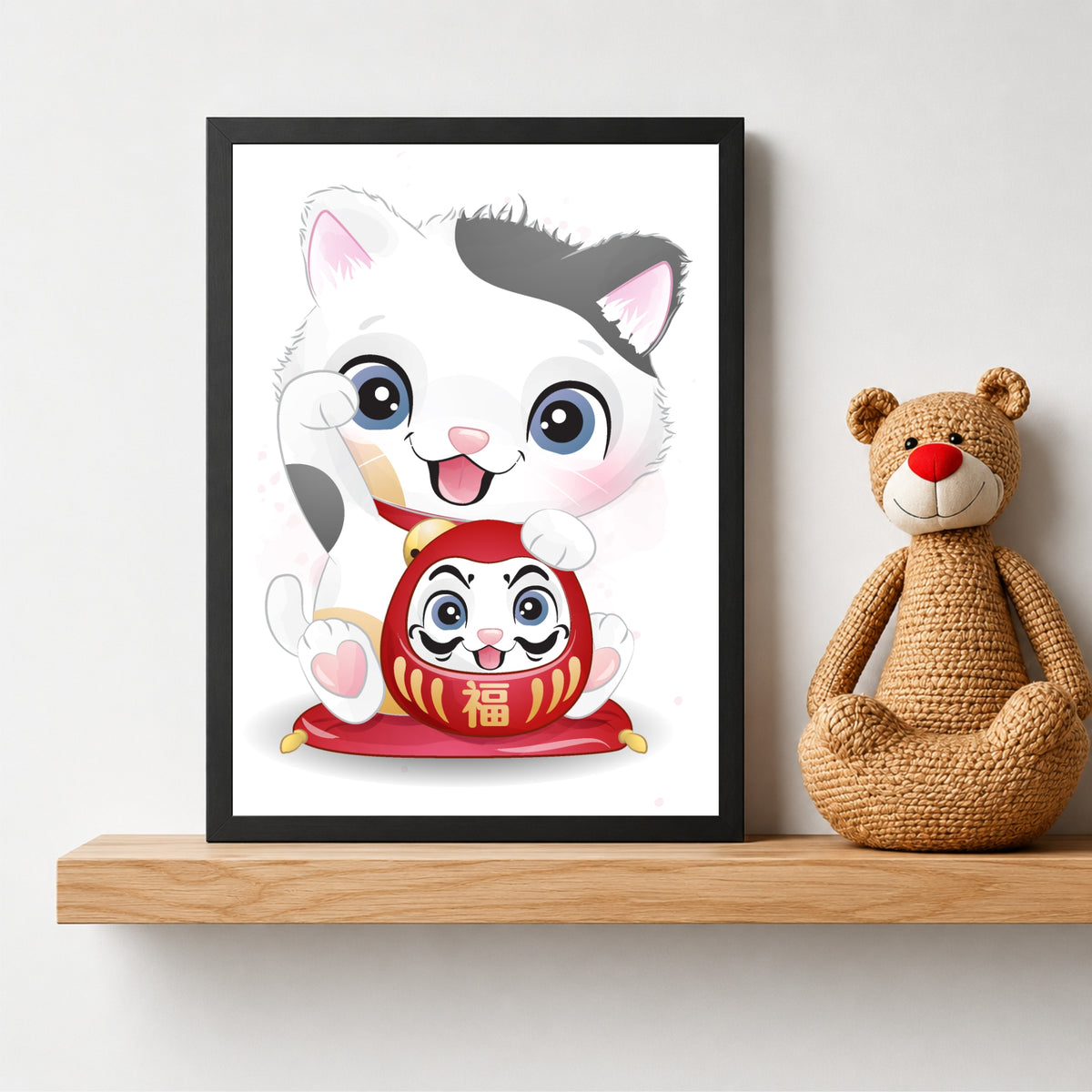 Cute Lucky Cat Wall Art | Maneki Neko & Daruma Cat Poster | Japanese Kids Room Decor
