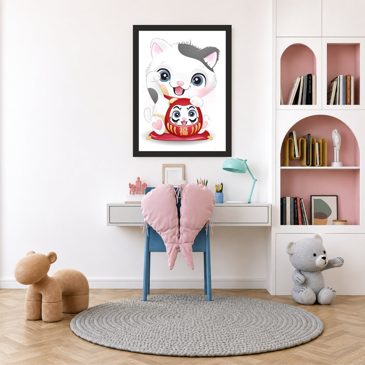Cute Lucky Cat Wall Art | Maneki Neko & Daruma Cat Poster | Japanese Kids Room Decor