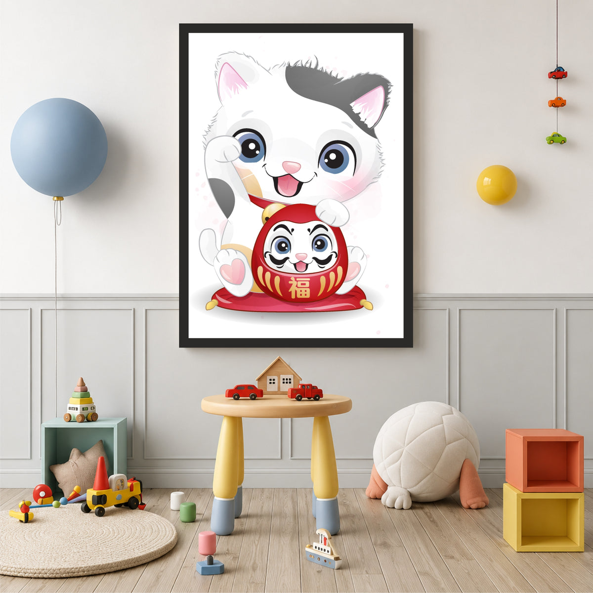 Cute Lucky Cat Wall Art | Maneki Neko & Daruma Cat Poster | Japanese Kids Room Decor