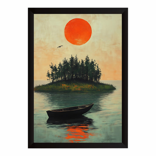 Japanese-Inspired Sunset Lake Wall Art | Boat & Nature Painting