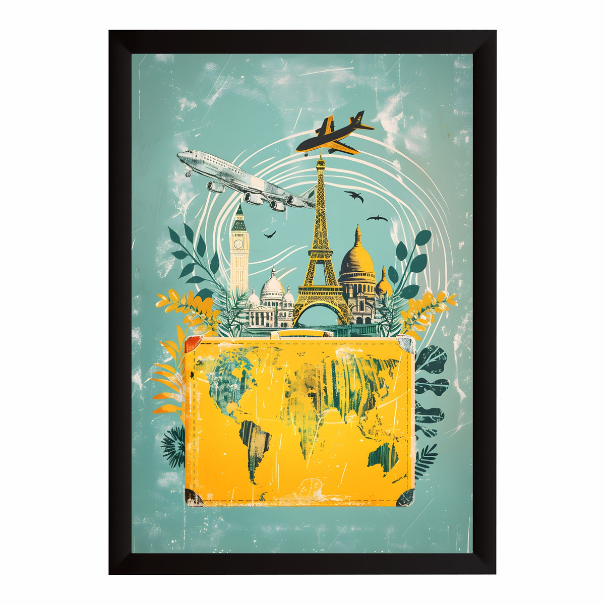 Paris Travel Map Wall Art | Eiffel Tower & World Map Vintage Poster
