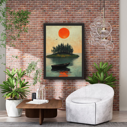 Japanese-Inspired Sunset Lake Wall Art | Boat & Nature Painting