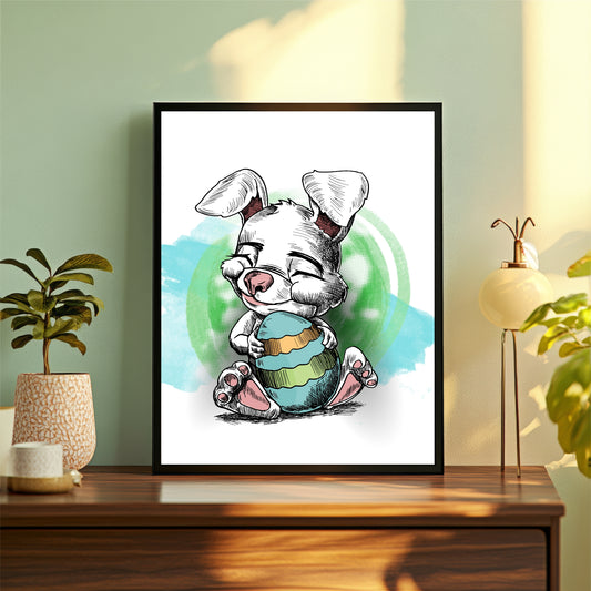 Easter Bunny Wall Art | Framed Cute Rabbit & Easter Egg Artwork | Kids Room Décor