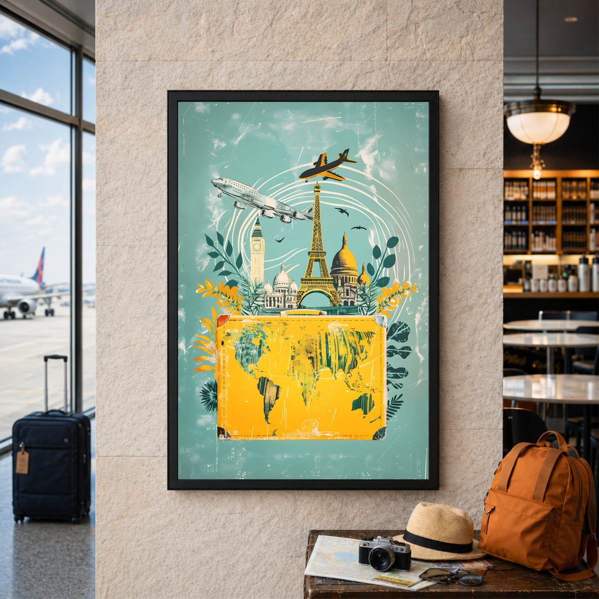 Paris Travel Map Wall Art | Eiffel Tower & World Map Vintage Poster
