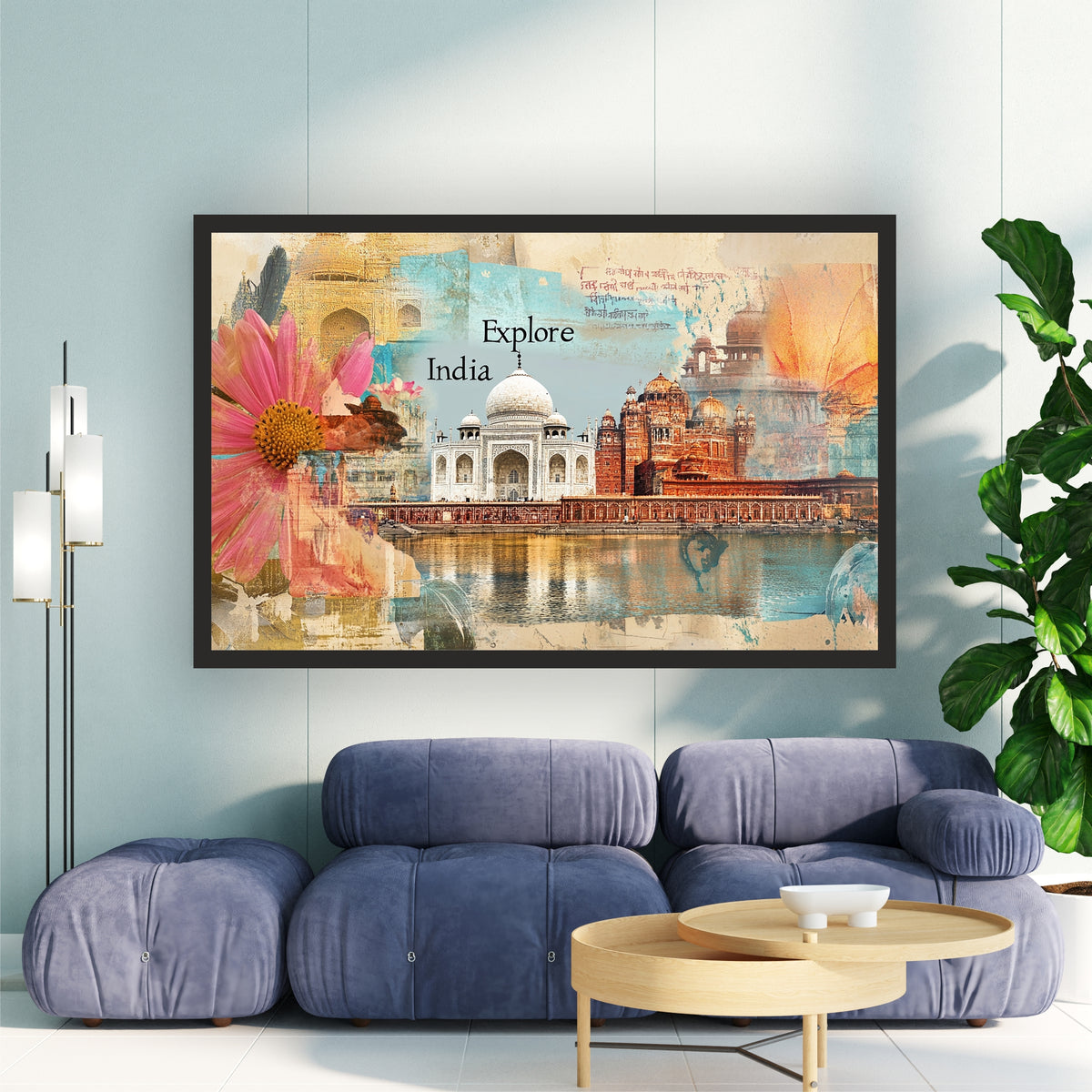 Explore India Wall Art | Taj Mahal & Heritage Landmarks Canvas | Vintage Travel Collage Poster