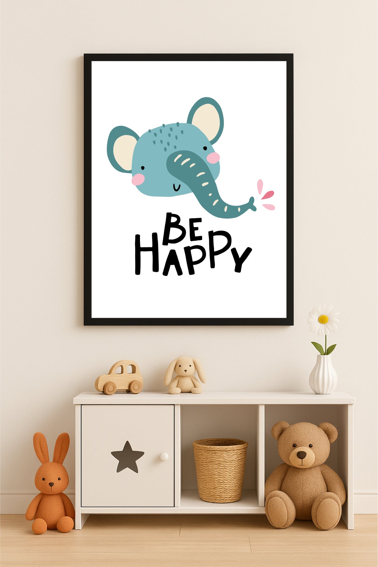 Be Happy Elephant Wall Frame – Cute & Cheerful Kids’ Room Décor 🐘✨
