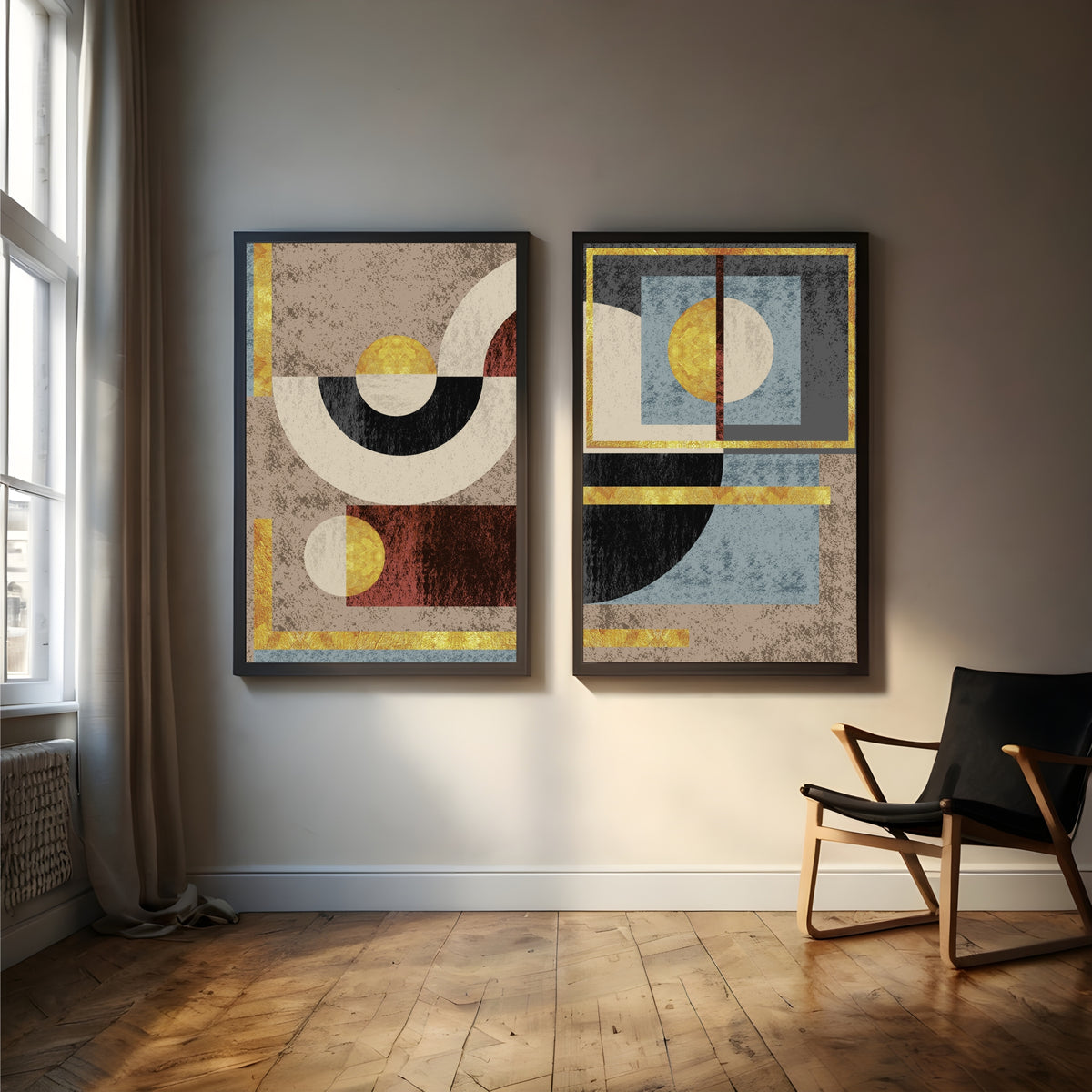 Geometric Abstract Wall Art Set of 2 | Gold & Neutral Modern Prints