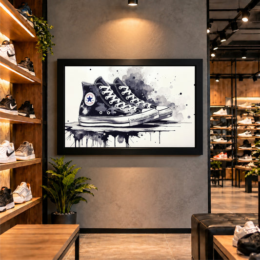 Sneaker Watercolor Wall Art | High Top Shoes Artwork | Black & White Decor