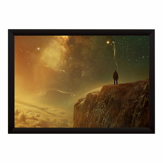 Man Standing on Cliff Wall Art | Golden Starry Sky Landscape