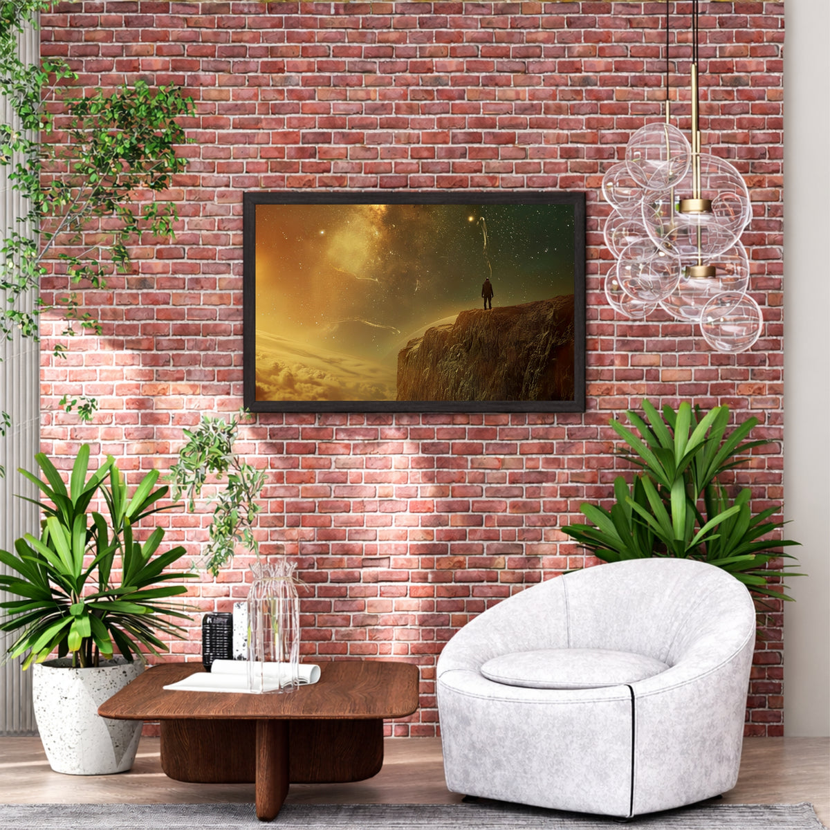 Man Standing on Cliff Wall Art | Golden Starry Sky Landscape