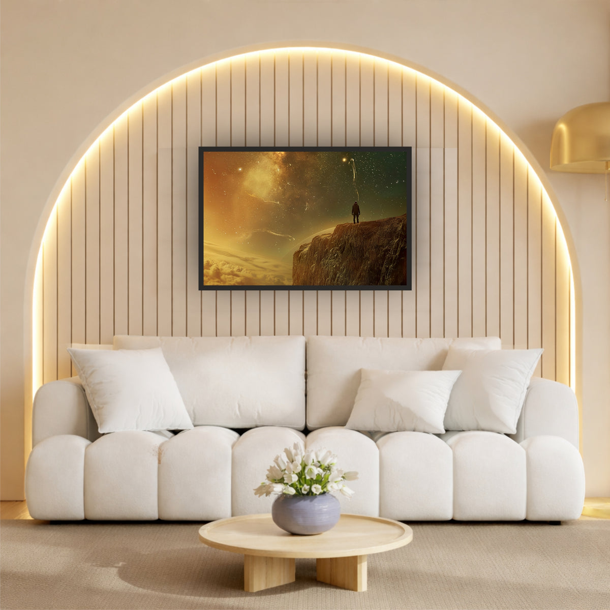 Man Standing on Cliff Wall Art | Golden Starry Sky Landscape