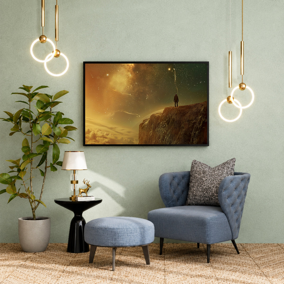 Man Standing on Cliff Wall Art | Golden Starry Sky Landscape