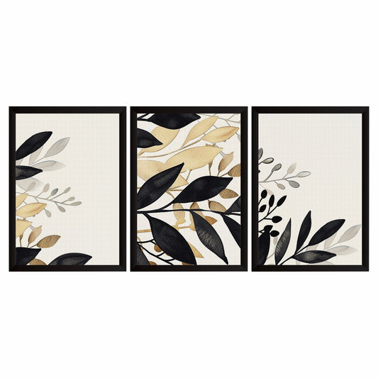 Abstract Black Gold Leaf Wall Art Set of 3 – Modern Botanical Prints