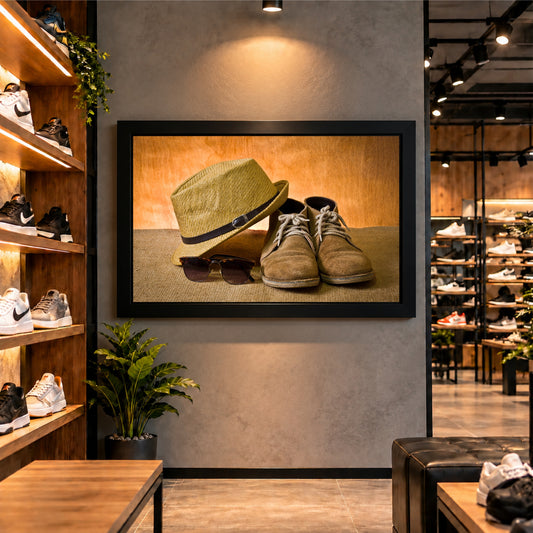 Vintage Shoes & Hat Wall Art | Rustic Footwear Artwork | Classic Fashion Decor