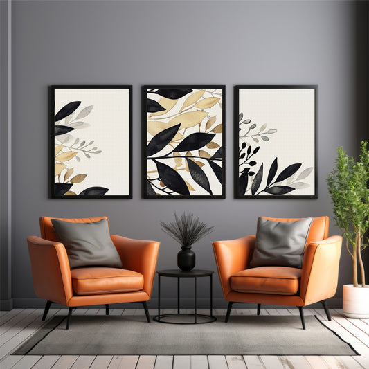 Abstract Black Gold Leaf Wall Art Set of 3 – Modern Botanical Prints
