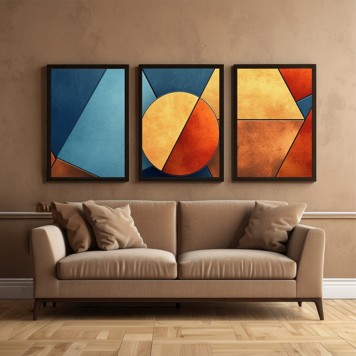Modern Geometric Wall Art Set of 3 | Blue & Orange Abstract Prints