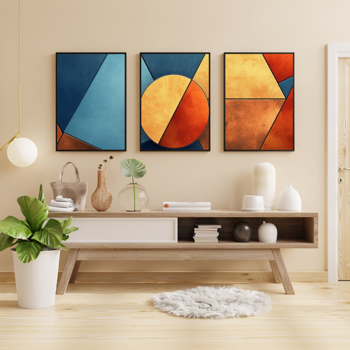 Modern Geometric Wall Art Set of 3 | Blue & Orange Abstract Prints