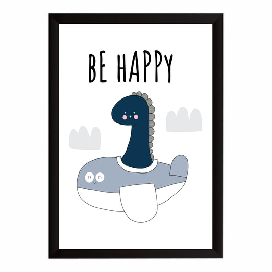 Cute Dinosaur Wall Art | Be Happy Kids Nursery Poster | Minimalist Cartoon Dino Room Decor