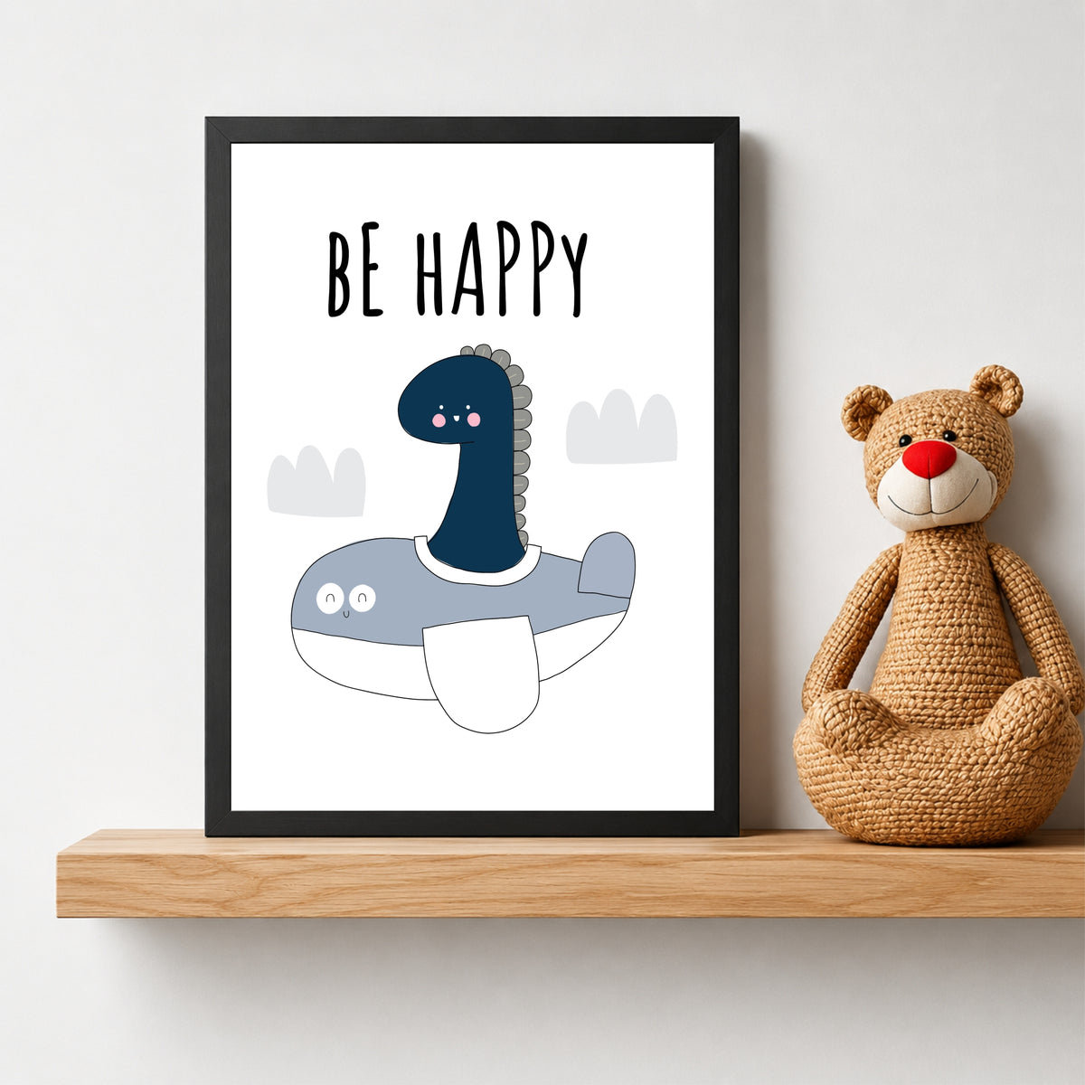 Cute Dinosaur Wall Art | Be Happy Kids Nursery Poster | Minimalist Cartoon Dino Room Decor