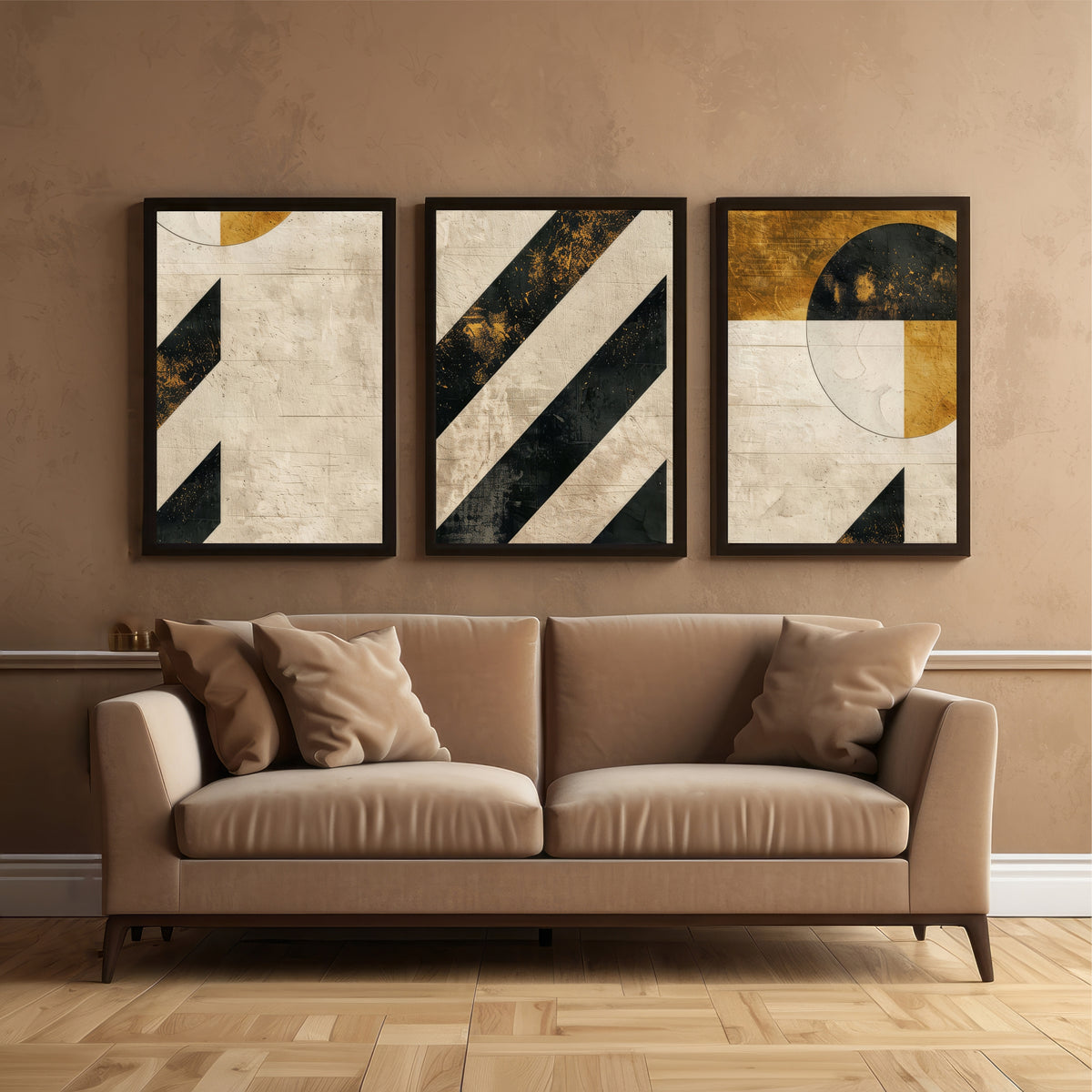 Minimalist Geometric Wall Art Set of 3 | Black & Gold Abstract Prints
