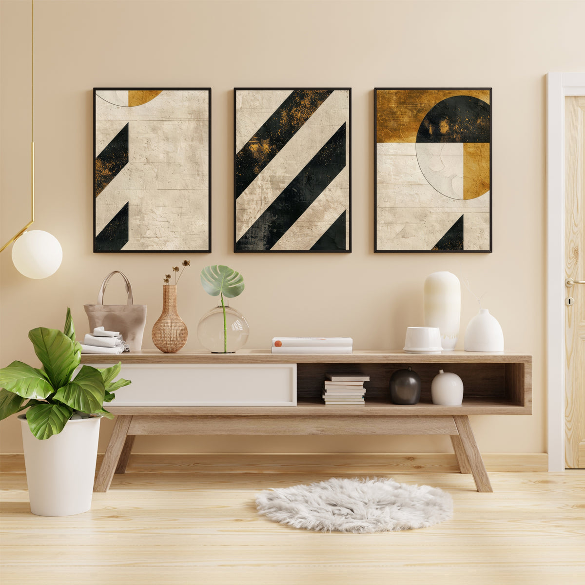 Minimalist Geometric Wall Art Set of 3 | Black & Gold Abstract Prints