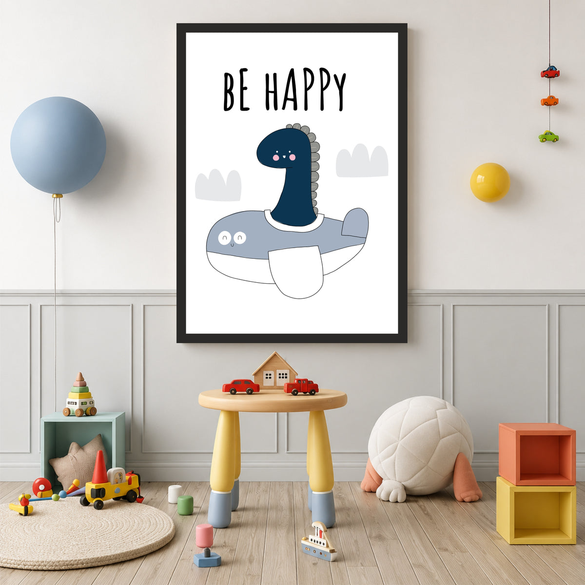 Cute Dinosaur Wall Art | Be Happy Kids Nursery Poster | Minimalist Cartoon Dino Room Decor