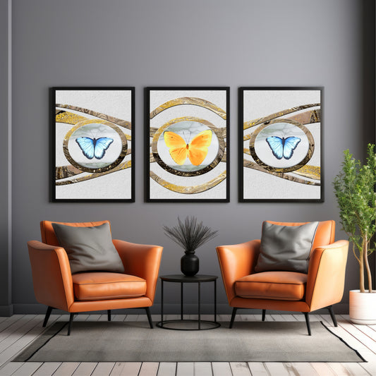 Butterfly Wall Art Set of 3 | Gold & Blue Decor