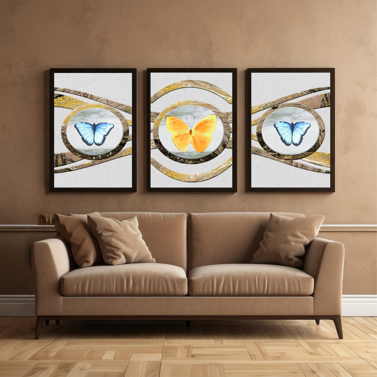 Butterfly Wall Art Set of 3 | Gold & Blue Decor