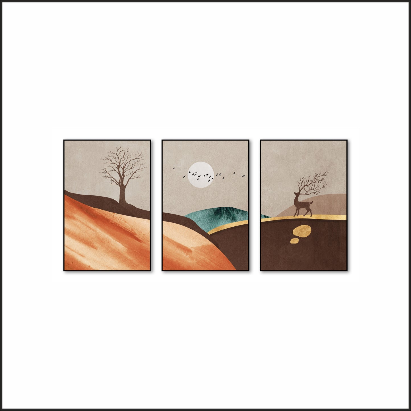 Golden Serenity – 3 Piece Wall Frame Set 🌄