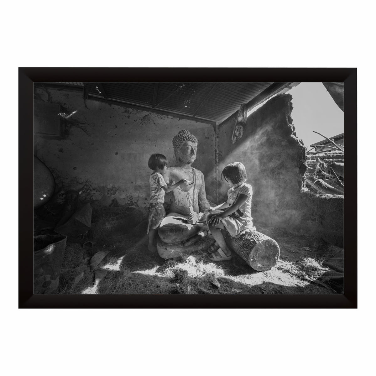 Rustic Buddha & Children Wall Art | Black & White Photography